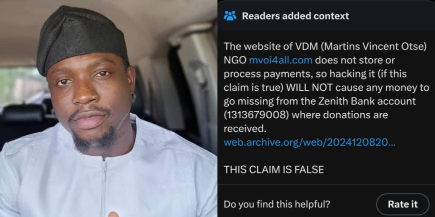 Community note labels VeryDarkMan’s claim of NGO website hack and ₦180m theft ‘false’